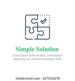 Simple Solution Concept, Puzzle Combination, Jigsaw Pieces, Vector Line Icon