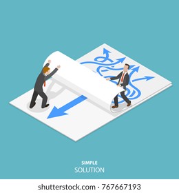 Simple solution flat isometric vector. Two man are taking away a paper sheet with many curved arrows to different directions on it to clear a new sheet that contains just one solid straight arrow