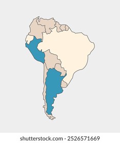 Simple mapa de Sudamérica. Esquema simple del mapa de América del Sur. Plantilla para Diseño web, infografía. Plantilla de Vector.