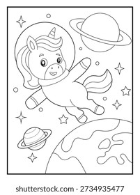 Einfache Raum Explorer Einhorn Malvorlage für Kinder. Galaxie-Illustration für Vorschulwissenschaften und Fantasy-Projekte. 