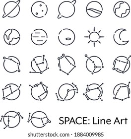 Simple Space Icons in expanded line art. Includes planets and major constellations.