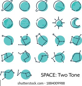 Simple Space Icons in two tone style. Includes planets and major constellations.