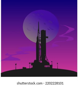 Simple space rocket on launch pad silhouette illustration  