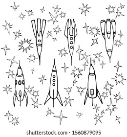 simple space rockets arranged in a row between stars, black contour lines, vector illustration isolated on white background in hand drawn style