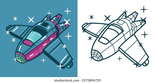 A simple space ship cartoon illustration for a sticker, design element, or coloring book element