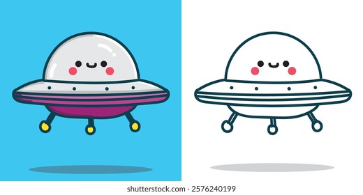 A simple space ship cartoon illustration for a sticker design element or coloring book element