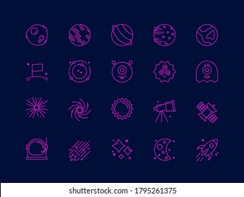 Simple space vector line icons. Including icons relating to space, galaxies, planets. aliens, rockets etc. 
