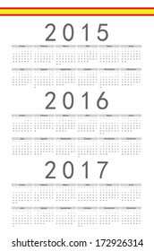 Simple Spanish 2015, 2016, 2017 year vector calendar. Week starts from Monday.