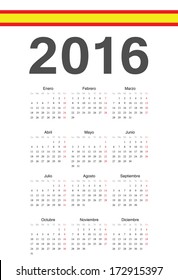 Simple spanish 2016 year vector calendar. Week starts from Mondays.