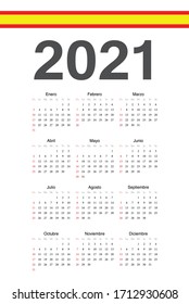 Simple calendario vectorial español 2021. La semana empieza el domingo.