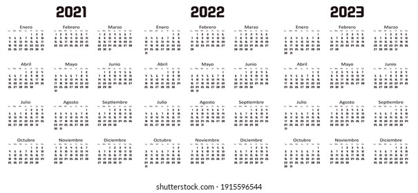 Simple Spanish Calendar With Days In Black, Years 2021 2022 2023