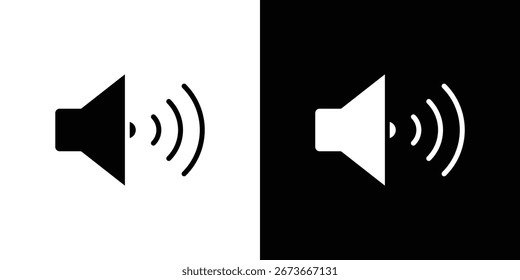 Gráfico de icono de altavoz simple con ondas de sonido, presentado en fondos blancos y negros. Ideal para interfaces de usuario y diseño digital.