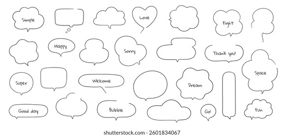 Simple speech bubble. Cute conversation balloon, doodle comic chat message frames with arrows, hand drawn dialog text balloons. Vector isolated text cloud icon set.