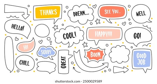 Simple speech bubbles, doodle line dialog balloon frames, thinking clouds boxes and arrows set. Title text, message and comment in comic hand dawn communication chat borders vector illustration