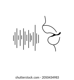 Simple speech icon with lips and voice wave. Flat symbol of sound recording or audio podcast. Concept sign of message. Logo for record of storytelling and radio broadcast. Vector isolated illustration
