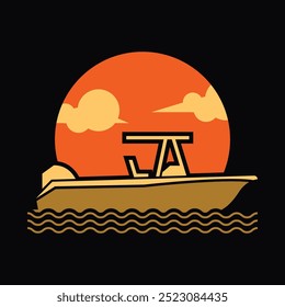 Ilustración de lancha rápida simple con puesta de sol sobre fondo negro