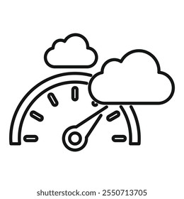 Simple speedometer with clouds coming out of it, representing the performance of cloud computing