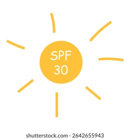 Simple SPF 30 emblem isolated transparent background. Vector illustration of minimal doodle sun with SPF tag. Perfect for sunscreen tube container design. EPS 10