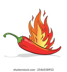 Simple Spicy Chili Pepper on Fire Cartoon Bold Illustration on white background