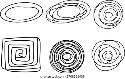 Conjunto de rabiscos espirais simples desenhados com linhas pretas limpas em formas abstratas.