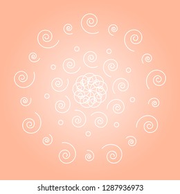 Simple spiral white mandala. Vector easy spiral mandala on pink gradient background.