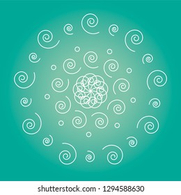 Simple spiral white mandala. Vector easy spiral mandala on turquoise gradient background.