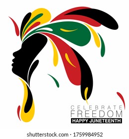 Simple splash of abstract designs around a black silhouette of a woman for Juneteenth in national colors