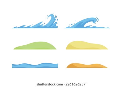 Simple Splashing Wave, Green Bush and Beach Sand as Landscape and Environment Element Vector Set