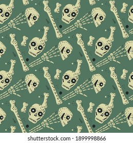 SImple spooky grey skull and bones ornament seamles pattern in hand drawn style. Turquoise pastel background. Stock illustration. Vector design for textile, fabric, giftwrap, wallpapers.