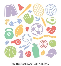 Equipos deportivos simples, equipo de ejercicios, suministro de juegos y dieta de alimentos saludables icono aislado en blanco. Ilustración vectorial de la actividad de fitness, objetos de entrenamiento de hobby, accesorios atléticos