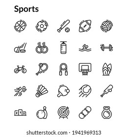 Simple Sports Icon Set Line Style Contain Such Icon as Swim, Running, Run, Ping Pong, Skateboard, Basketball, Bowling, Volleyball, Boxing, Badminton, Shuttlecock and more. 64 x 64 Pixel Perfect