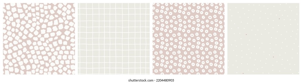 Simple spot and check print. Vector seamless pattern set in blush pink, soft beige and white colors. Girl bedding, baby nursery textile fabric design with circles, tiny dot, abstract spot and grid