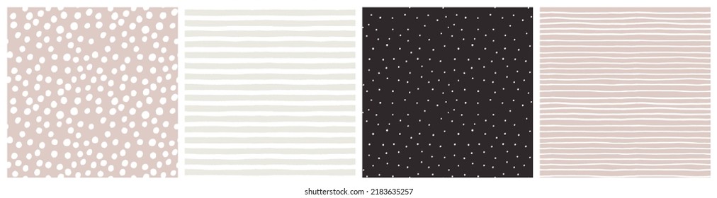  Simple spot and stripe baby girl seamless pattern set in neutral beige, white, soft pink and black colors for infant clothing, blanket or bedding textile.