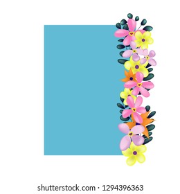 simple spring blue frame with flower around, colorful floral border vertical portrait, flat paper on white background, greeting thank you card template, wedding invitation element