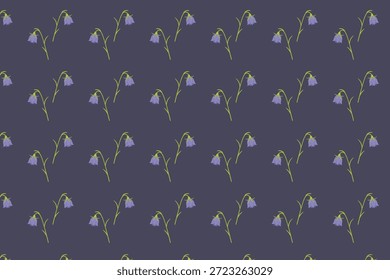 Modelo inconsútil simple de las flores del bluebell de la primavera, muestra disponible en el panel de las muestras, con las flores púrpuras delicadas del campanario y los subgrupos verdes en fondo oscuro