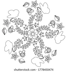 Simple Spring Coloring Page. Ornate mandala with abstract flowers leaves and butterfly. Black and White outline. Zentangle inspired pattern for coloring book page for adults and kids.
