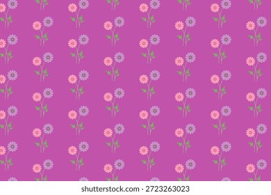 Einfache Frühlingskosmos Blumen nahtloses Muster, Swatch in Farbfeldern erhältlich, mit rosa und lila Gänseblümchen und grünen Stängeln auf hellviolettem Hintergrund