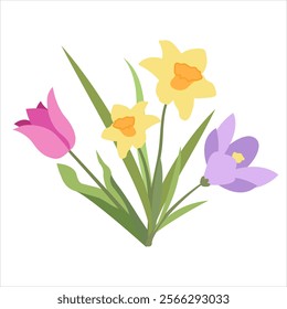 Simple Spring Design of Crocus, Daffodil and Tulip Flowers. Vector Bouquet of Three Flowers in Flat Style. Naive Botanical Element Perfect for Banners, Posters, Flyers, Cards, Social Media, Web.