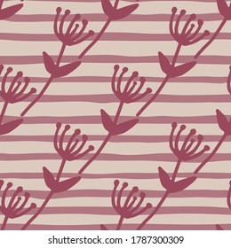 Sencillas figuras florales primaverales sin fisuras. Pastel de fondo despojado con ramas botánicas púrpura adorno. Diseñado para papel pintado, textil, papel envolvente, impresión de tela. Ilustración vectorial.