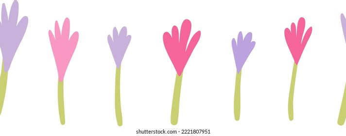 Simple spring flowers. Floral seamless border. Blossom banner with doodle flowers. 