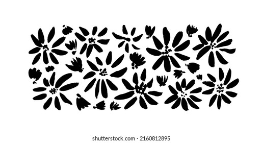 Flores de primavera simple conjunto de vector dibujado a mano. Siluetas de flores de pincel negro. Elementos botánicos de dibujo de tinta, flores, ilustración de tinta monocroma. Anémonas, camomila, crisantemo aislados