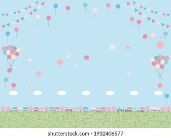Simple spring marche background illustration. A distant view below the layout.