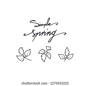 Simple spring small flowers with leaves black outline vector silhouette illustration. Black outline spring letters text tittle and cute small floral graphic. Logo type flower outline drawing set shape