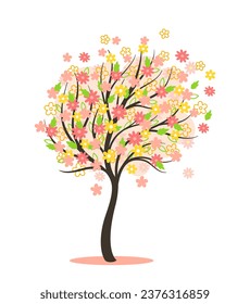 Simple spring tree concept. Changes of year seasons and weather. Bloom and blossom plant with pink flowers. Natural scene. Cartoon flat vector illustration isolated on white background