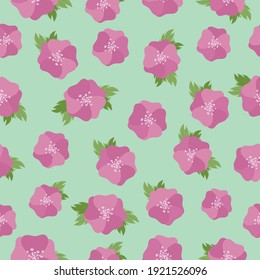 Simple spring vector pattern. Pink flowers on a green background.