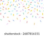 Simple Sprinkle Background. Falling sweet confetti on white chocolate glaze background. Colorful sprinkles banner background, colorful falling decorative sprinkles background