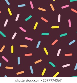 Simple Sprinkle Pattern. Chocolate Donut glaze background. Small dashes in Rainbow colors. Vector Illustration in scandinavian style.