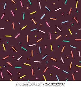 Simple Sprinkle Seamless Pattern. Chocolate donut glaze with colorful decorative sprinkles. Vector Illustration in scandinavian style.