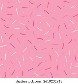 Simple Sprinkle Seamless Pattern. Pink donut glaze with colorful decorative sprinkles. Vector Illustration in scandinavian style.