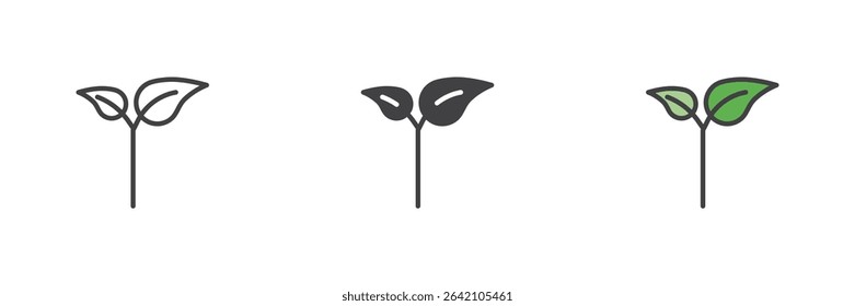 Simple sprouting leaf design in line, solid and colorful filled outline vector icon. Nature symbol representing plant growth. Sprout icon set in three styles.